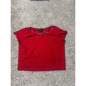 Ralph Lauren Red Cotton Knit Short Sleeve Top Gingham Bow Accent Mens S